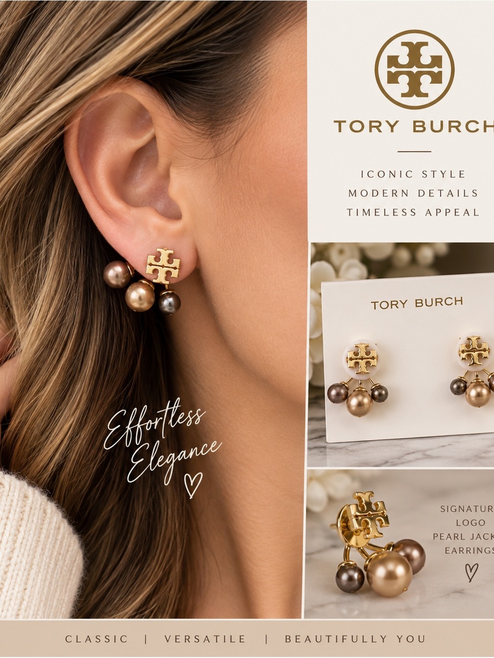 Tory Burch Gold Logo Pearl Drop Jacket Earrings